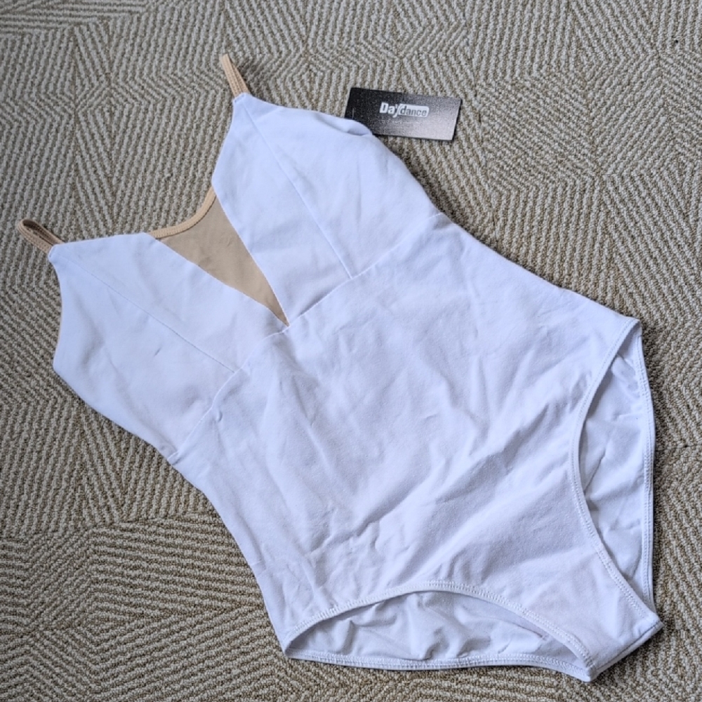 New Da'Dance White Cotton Cami Leotard with Nude Mesh Insert Size XL/L/M